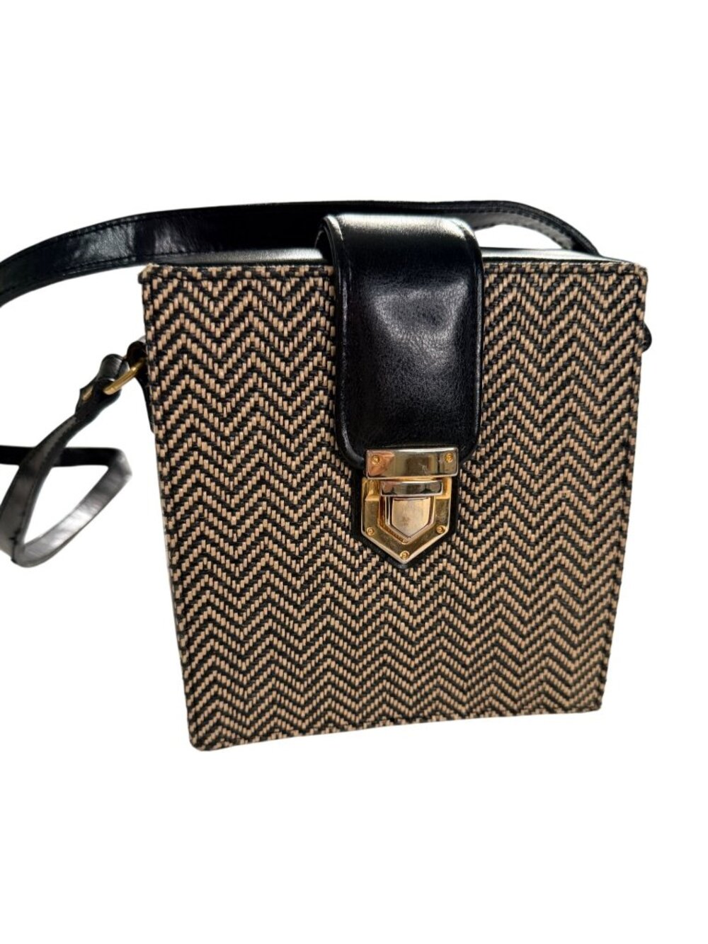 Woven Vtg Box Purse Black Tan Herringbone Crossbody Handbag Structured Retro